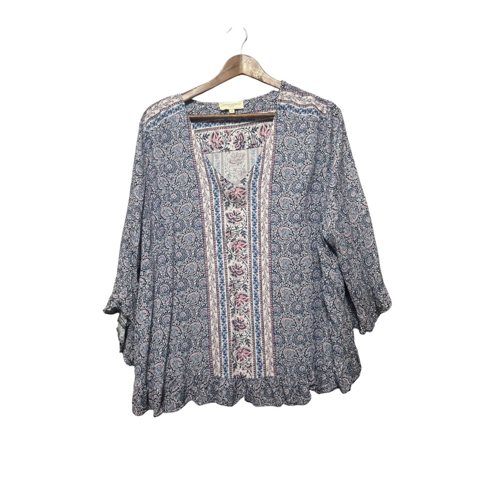 Cynthia Rowley Blouse Women 2X Blue Pink Paisley Ruffle V-Neck Excellent Boho